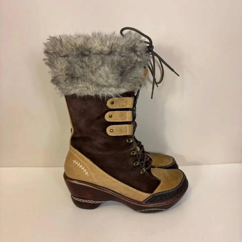 Jambu Brown and Tan Suede Lace Up Fur Top Heeled Tall Boots‎ 6